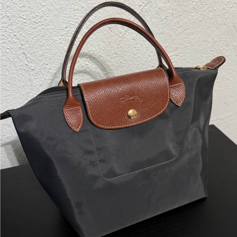Longchamp Black Tote with Brown Leather Accents